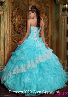 Aqua Blue Ball Gown Strapless Floor-length Quinceanera Dress  with Ruffles Organza