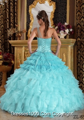 Baby Blue Ball Gown One Shoulder Quinceanera Dress  Satin Organza Beading