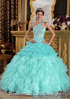 Baby Blue Ball Gown One Shoulder Quinceanera Dress  Satin Organza Beading