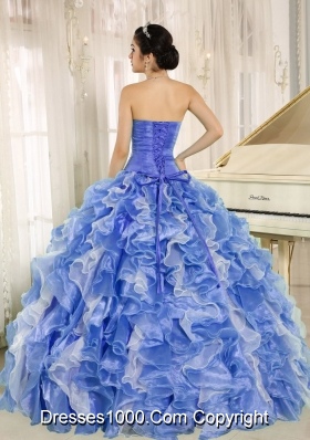 Ball Gown Beaded Bodice and Ruffles Custom Made Blue and White Quinceanera Dress