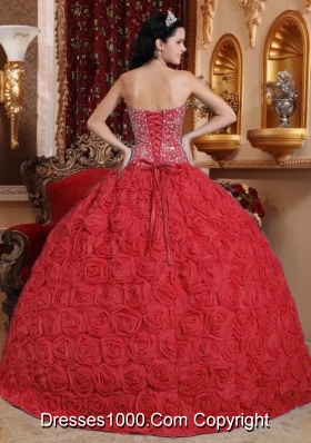 Beaded Red Fabric With Rolling Flowers Dress For Quinceanera