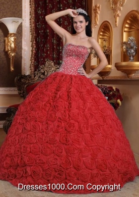 Beaded Red Fabric With Rolling Flowers Dress For Quinceanera