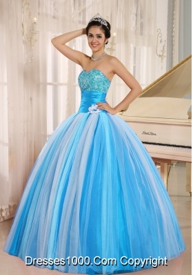 Blue and White 2014 New Arrival Strapless Appliques For Dress For Quinceaneras