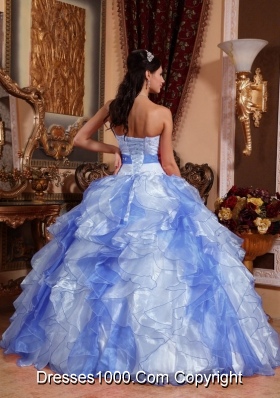 Blue and White Sweetheart Ruffles Quinceanera Dress with Floor-length Apppliques