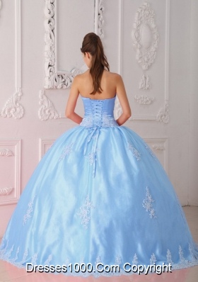 Blue Ball Gown Strapless Quinceanera Dress with Lace Appliques