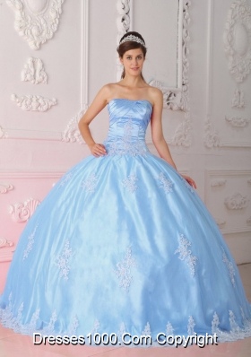Blue Ball Gown Strapless Quinceanera Dress with Lace Appliques