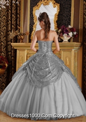 Classical Grey Puffy Sweetheart Sequined and Handle Flowers for 2014 Quinceanera Dress