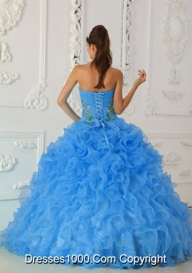 Exquisite Ball Gown Strapless Floor-length Embroidery Aqua Blue Quinceanera Dress