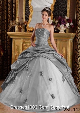 Gorgeous Gray Puffy Strapless Beading for 2014 Quinceanera Dress with Pick-ups