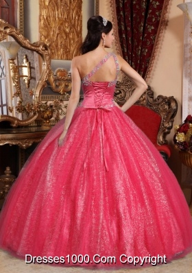 One Shoulder Puffy Beadeding Red Sequined Quince Dresses