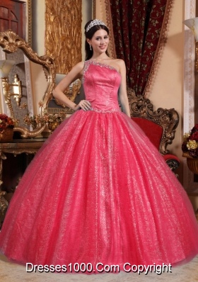 One Shoulder Puffy Beadeding Red Sequined Quince Dresses