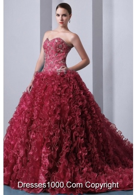 Princess Sweetheart Organza Beading and Ruffles Brush Train Quinceanera Gown Dresses
