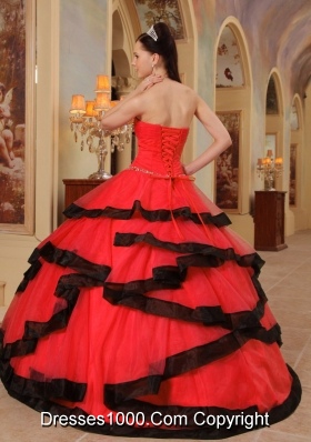 Red Organza Beading Red and Black Dresses For Quinceaneras