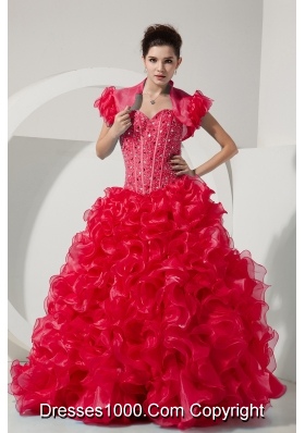 Red Princess Sweetheart Organza Beading and Ruffles Quinceneara Dresses