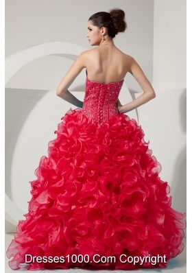 Red Princess Sweetheart Organza Beading and Ruffles Quinceneara Dresses