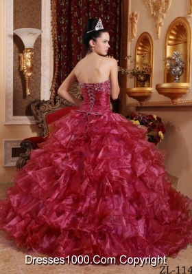 Red Strapless Organza Beading and Ruffles Quinceanera Dresses