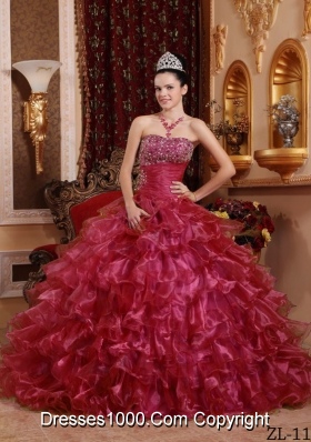 Red Strapless Organza Beading and Ruffles Quinceanera Dresses