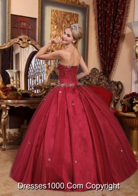 Strapless Taffeta and Tulle Appliques Quinces Wine Red Dresses