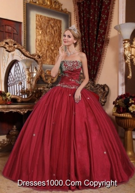 Strapless Taffeta and Tulle Appliques Quinces Wine Red Dresses