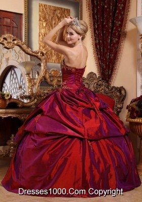 Strapless Taffeta Beading and Appliques Wine Red Quinceanera Dress