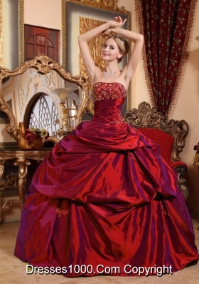Strapless Taffeta Beading and Appliques Wine Red Quinceanera Dress