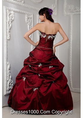 Taffeta Appliques Wine Red Quinceanera Dress with Pick-ups