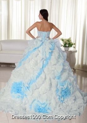 White Ball Gown Sweetheart Court Train Appliques Ruffles Sweet Sixteen Dresses