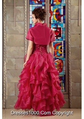 Wine Red A-line Sweetheart Organza Beading and Ruffles Sweet 16 Dresses