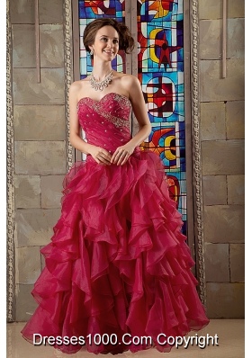 Wine Red A-line Sweetheart Organza Beading and Ruffles Sweet 16 Dresses