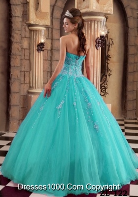 2014 Affordable Turquoise Ball Gown Beading Quinceanera Dress with Appliques