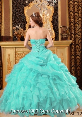 Aqua Blue  Ball Gown Floor-length Organza Quinceanera Dress with Beading  Ruffles