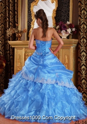 Aqua Blue  Ball Gown Strapless Floor-length Quinceanera Dress  with Organza