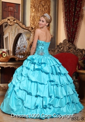 Aqua Blue Ball Gown Strapless Floor-length Quinceanera Dress with Taffeta Appliques