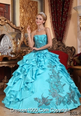 Aqua Blue Ball Gown Strapless Floor-length Quinceanera Dress with Taffeta Appliques