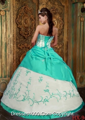 Aqua Blue  Ball Gown Strapless Floor-length Satin Quinceanera Dress  with  Embroidery