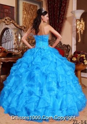 Aqua Blue Ball Gown Sweetheart Quinceanera Dress with Organza Beading