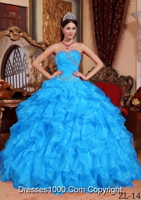 Aqua Blue Ball Gown Sweetheart Quinceanera Dress with Organza Beading