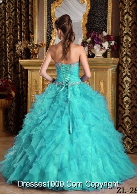 Beautiful Aqua Blue Sweetheart Ball Gown Ruffles Quinceanera Dress with Appliques