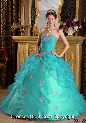 Beautiful Aqua Blue Sweetheart Ball Gown Ruffles Quinceanera Dress with Appliques