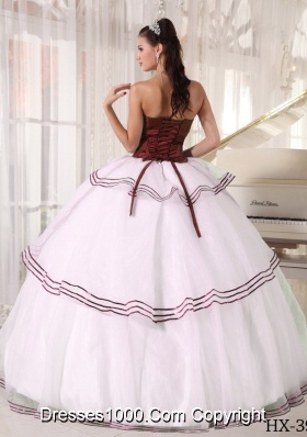 Wonderful Strapless Ball Gown Organza Appliques  Taffeta White and Red Quinceanera Dresses