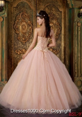 2014 Elegant Pink Ball Gown Strapless Appliques Tulle Quinceanera Dress