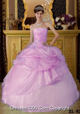 2014 Lovely Pink Ball Gown Strapless Beading Quinceanera Dress with Appliques