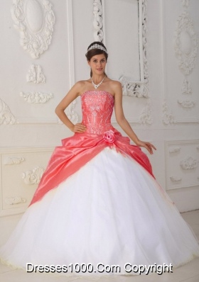 2014 Pretty Ball Gown Strapless Red and White Sweet 16 Dresses with Appliques