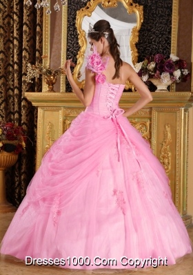 Affordable Pink Ball Gown One Shoulder Appliques Quinceanera Dress with Hand Made Flowers