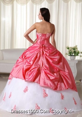 Beautiful Watermelon and White  Sweetheart  Taffeta Appliques Quinceanera Dresses