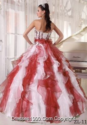 Exquisive Ball Gown Beading and Ruffles Organza Colorful White and Red Quinceanera Dresses