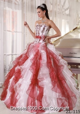 Exquisive Ball Gown Beading and Ruffles Organza Colorful White and Red Quinceanera Dresses
