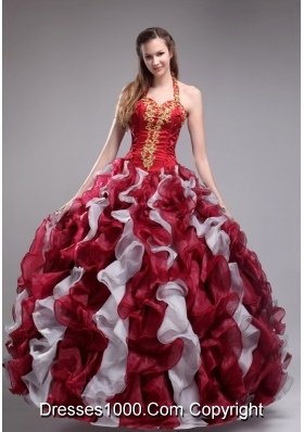 New Style Wine Red Applqiues and Ruffles Quinceanera Dresses with Halter