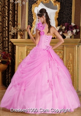 2014 Beautiful Pink Ball Gown One Shoulder Appliques Quinceanera Dress with Hand Made Flower