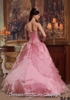 2014 Perfect Rose Pink Ball Gown Strapless Beading Quinceanera Dress with Hand Made Flower